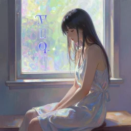 a digital painting of a woman sitting in front of a window, an album cover by muqi, featured on pixiv, holography, official art, pixiv, irridescent
