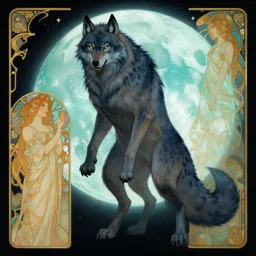 pearlescent turquoise moon, wolf monster, character design, painting by gaston bussiere, craig mullins, greg rutkowski, alphonse mucha, trending on artstation