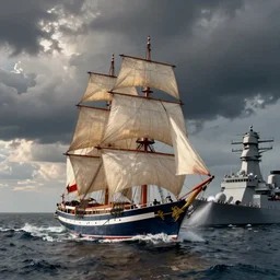 the bluenose schooner is being attacked by an american battleship. photograph from life magazine