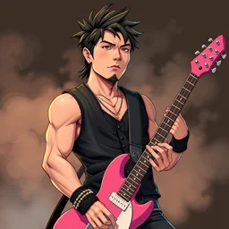 asian rocker guy with a stoic expression, wearing a black vest and playing a pink guitar, smoke in the background, full color digital illustration in the style of don bluth, artgerm, artstation trending, 4 k