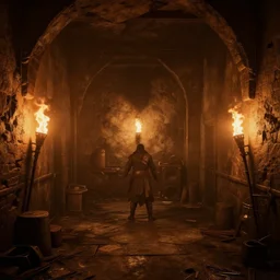 delicious torch lit prison dungeon jail cell atmospheric unreal engine hyperreallistic render 8k concept art masterpiece screenshot from the video game Assassin's creed odyssey origins moody orange 2700K global illumination