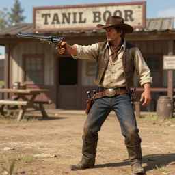 an old western bounty hunter with a six shooter standing in front of a saloon for a quickdraw duel, rendered, unreal engine, 4 k, artgerm, trending on artstation, deviant art