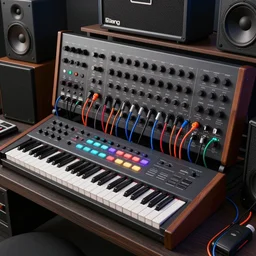a synthesizer in cassette futurism, added modeled around the keyboard, tactile buttons and lights, a large patch bay with hanging colored patch leads, surrounded by speakers and cabinets, roland, moog hd, 8 k, artstation, ultra detailed, high definition