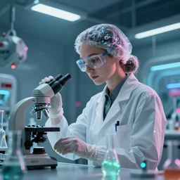 [ amelie as a scientist ]! working in a [ futuristic laboratory ]!, digital art!, trending on [ cgsociety ]!, cinematic still, neon! colors, bioluminescent lighting!, award winning, zbrush!, bottom view!