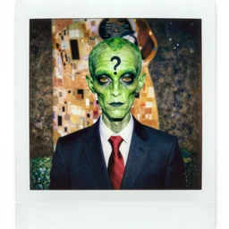 green skinned slenderman wearing a suit and a red tie, a question mark for a face character design, portrait, cgsociety artstation, portrait by klimt, dan mumford, and seb mckinnon, polaroid