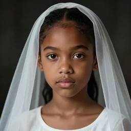 a photorealistic hyperrealistic, bright brown eyes, light skinned african american young girl, ponytail hair, flawless face, beautiful lips, cute face, gorgeous white veil, petite, by wlop, artgerm, greg rutwoski, alphonse mucha, beautiful dynamic dramatic low - light moody lighting, cinematic atmosphere, artstation, concept design art, octane render, 8 k