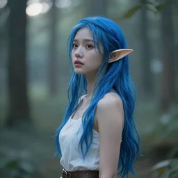 beautiful young Asian elf woman with blue hair in a hazy forest at dusk, by Julie Bell