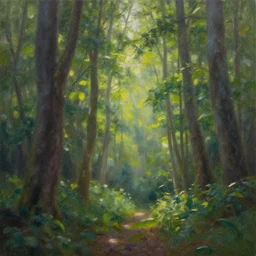 An oil painting of an intensely beautiful forest in the morning; rays of light coming through the canopy