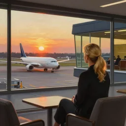 sun setting in a airport lounge. tall, spacious, blonde woman watching landed airplane on the runway. painting by edward hopper