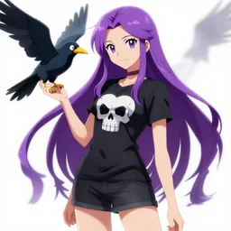 skinny girl with long purple hair wearing a black t - shirt with skulls on it whilst standing next to a crow, pokemon anime art style, ultra detail