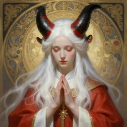 portrait of a beautiful ethereal delicate meditative catholic bishopric sacred pose catholic steps of the cross, white hair with big black and red horn, intricate, elegant, highly detailed, digital painting, artstation, concept art, smooth focus et sharp, illustration, art by krenz cushart and artem demura and alphonse mucha