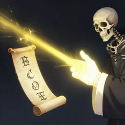 priest glove glowing in white yellow light shooting magic yellow ray at skeleton spell scroll art by artgerm and greg rutkowski and Craig Mullins, James Jean, Andrey Ryabovichev, Mark Simonetti and Peter Morbacher 16k