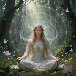 elven princess meditating in forest, magical flowers, surrounded by fairies, beautiful face, wisps, surreal, surrealist art, digital art, trending on artstation, ultra detailed, intricate, sacred geometry, serene, beautiful, photo, realistic, perfect, smooth, light shafts, light diffusion, chromatic aberration, moebius, by moebius, peter mohrbacher