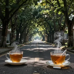 The tree-lined avenue Begins to fade from view, Drowning past regrets In tea and cigarettes, artstation, cgsociety