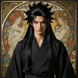 yokai demon martial artist, handsome japanese demon boy, young adult yokai with long spiky black hair, vampiric skin, vantablack gi, red eyes, ultra realistic, intricate details, highly detailed, subsurface scattering, photorealistic, octane render, 8 k, art by artgerm, greg rutkowski, magali villeneuve, alphonse mucha