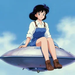 a film still of a 1 9 5 0's mechanic anime girl with high detailed face sitting on top of flying ufo landing in hangar of giant ufo spaceship, trending on pixiv fanbox, painted by gaston bussiere, makoto shinkai, akihiko yoshida, gaston bussiere, craig mullins