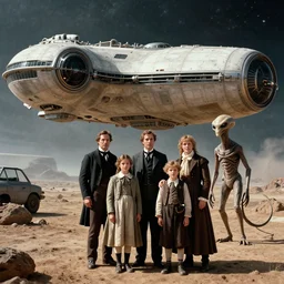 highly detailed, 268435456k film, 140mm film still from a sci fi blockbuster color movie made in 2019, set in 1860, of a family standing in front of a spaceship that has just landed on an alien planet, a humanoid alien creature stands nearby, the family are all wearing 1860s era clothes, good lighting, good photography, ultra high definition