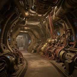 realistic cinematic sci - fi mothership interior or exteror - machinery, tubes wires path intricate matte painting masterpiece warm tones quiet