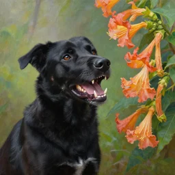 realistic oil painting of a vicious black dog bearing its fangs next to brugmansia suaveolens flowers