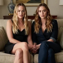 Margot Robbie and Elizabeth Olsen sitting on the couch together holding hands, looking at the camera, highly detailed.