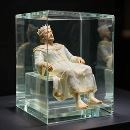a completely transparent glass cube in which the king's body has been perfectly preserved and very lifelike. he is dressed in all casual regal garments. his body is beautifully preserved without blemish or damage and the display is magnficent. the display has a dark background but is lit perfectly. his face has a natural visage and natural color and is posed in a relaxed way.
