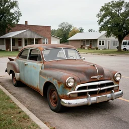A old rusty Buick parked in the parking lot of an small mid-western town, William Eggleston style