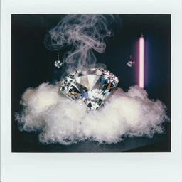polaroid of diamonds made from cotton candy, smoke, and clouds, mix, DADA collage, texture, lomography, fashion neon light in darkness