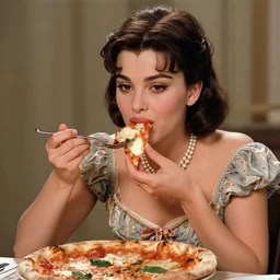 a film still showing a young beautiful sophia loren, eating a pizza margherita with hands and a fork, intricate detailed dress, pearl necklace, large cornicione, smooth lighting, masterpiece, timeless, genious composition