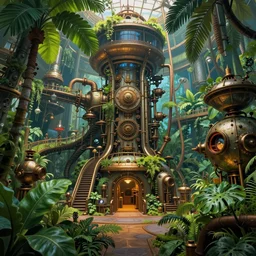 inside an enormous steampunk machine room with lush vegetation growing around the machines, tropical trees, large green leaves, extremely detailed painting, 4k, vivid colors
