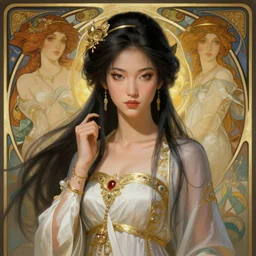 asian greek goddess, highly detailed, digital painting, artstation, concept art, smooth, sharp focus, illustration, Unreal Engine 5, 8K, art by Ross Tran and greg rutkowski and alphonse Mucha