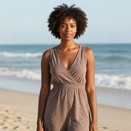 black girl, short curly hair, wearing a dress, on the beach