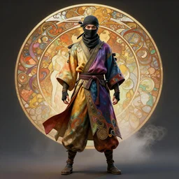 wide angle full body portrait shot of a ninja wearing flowing colourful clothes, highly detailed face, detailed eyes, alphonse mucha, rhads, ross tran, artstation, artgerm, octane render, 1 6 k