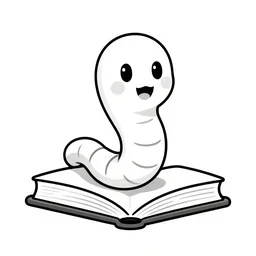 book illustration of happy worm character, book illustration, monochromatic, white background, black and white image