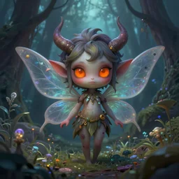 small beautiful evil fairy with orange eyes, a cute and geogerous fairy in the dreamy dark forest, fantasy, dreamlike, 8 k resolution, hyper detailed, d & d, character design, digital painting, trending on artstation, sharp focus, illustration, art by viktoria gavrilenko, hoang lap, fuji choko, steve zheng,