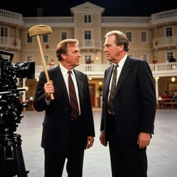 photoreal medium cinematography of jack torrance played by jack nicholson holding a croquet mallet from stanley kubrick's film the shining, inside the elstree studios soundstage set for the overlook hotel shot on 3 5 mm eastman 5 2 4 7 film by the shining cinematographer john alcott shot on a kinoptik 9. 8 mm wide lens