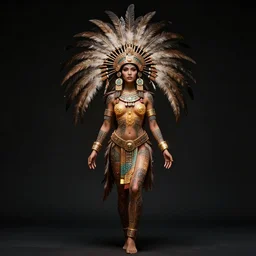 character design, aztec warrior goddess with beautiful woman face, crown of very long feathers, full body, glowing aztec tattoos, beautiful, dark fantasy