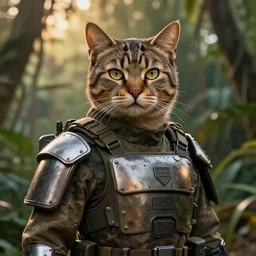 hyperrealistic cat soldier, armor plates, rugged appearance, very detailed cat face, jungle background, golden hour, cgsociety, in the style of artgerm