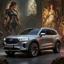 a concept suv designed by ram and ford, shadow of the tomb raider, artstation, an epic fantasy, cinematic lighting, hyper realistic, photographic, sharp focus, by greg rutkowski and alphonse mucha