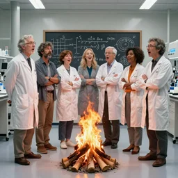 A photograph that documents a group of amazed scientists standing around a campfire on the floor of a laboratory. In the background there is a chalkboard with calculations and drawings of fire. F/8, room lighting