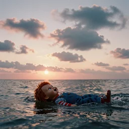 sunset clouds with an ocean in the background and a screaming chucky doll swimming. by greg rutkowski cinematic 3 5 mm film