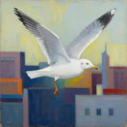 seagull, city, painting, tonal colors, polychromatic - colors, essence, divine, by kiki smith
