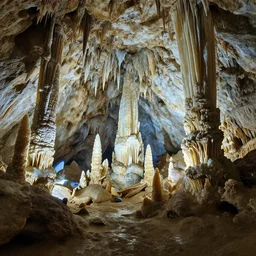 large open chamber in a cave with crystalline stalactites and stalagmites, photorealistic,