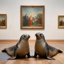 photo of 2 seals enjoying the art museum