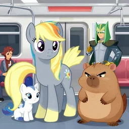 anime convention with a gray yellow my little pony, cat, car, wombat, rage face, tom as jerry in metroid costumes in the subway