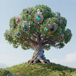 stunning psychedelic tree on a hill, green leaves award winning matte concept art, intricate, precious ornate colorful, clear deep focus, crystals, glowing, futuristic, detailed realistic, raytracing colorful gems, black opal, magical colorful, realistic character art, wlop, chebokha, rutkowski, artgerm