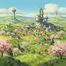a beautiful landscape of a futuristic science fiction village in the french countryside during spring season, painting by studio ghibli hd and thomas hill hd, nice spring afternoon lighting, smooth tiny details, soft and clear shadows, low contrast, perfect
