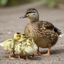 a crossbreed of kiwi bird and a duck, with chicks, photo