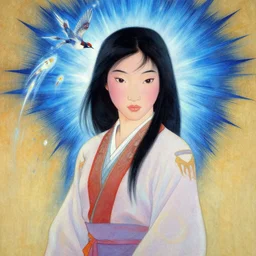 portrait of mulan, bird, blue spike aura in motion, floating pieces, painted art by tsuyoshi nagano, greg rutkowski, artgerm, alphonse mucha, spike painting