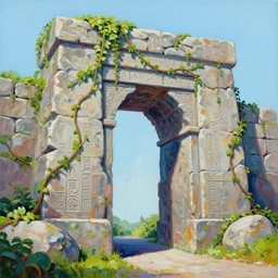 colorful marc simonetti impasto!! acrylic painting of the granite gateway of a forgotten civilization. vines and creepers, stone etchings