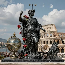 rateo, tilt shift, gulf, gulf of Naples, Pompeian, colosseum, naval battle, italian masterpiece, wind, sky in background, wind rose, Ashford Black Marble, sculpture, baroque,  draped with red Hibiscus and vines and spines, puffy clouds, suns, moons, drapes, armour, medieval globe, glass, portrait, siren, lion, chariot, nautilus, narval, pinecone, render, artstation, ultra detailed